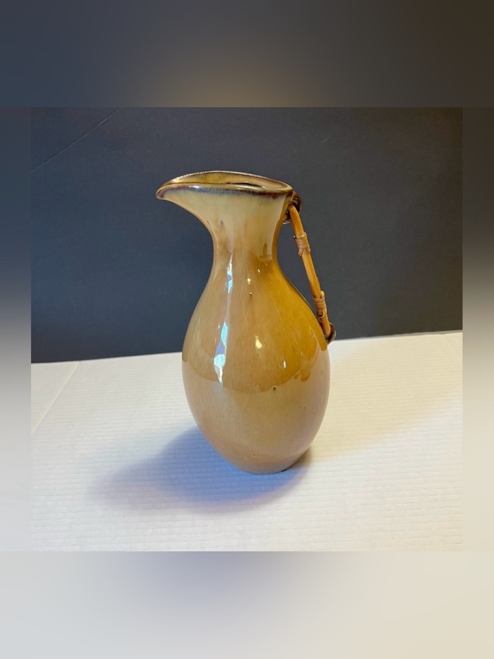 Glazed Ceramic Korean  Pitcher Vase in Honey Brown with Bamboo Handle